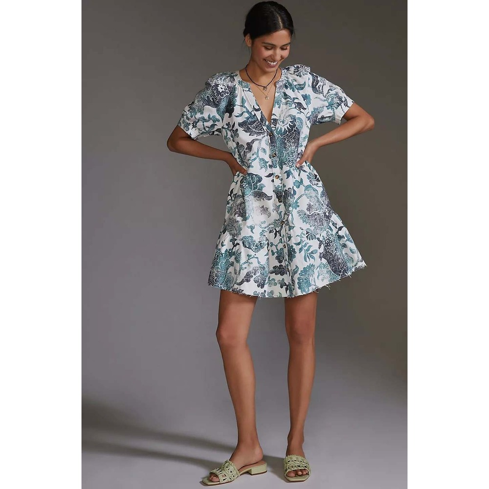 Pilcro Anthropologie Puff Sleeve Tunic Dress 1X Cream Blue Floral Mini Linen
